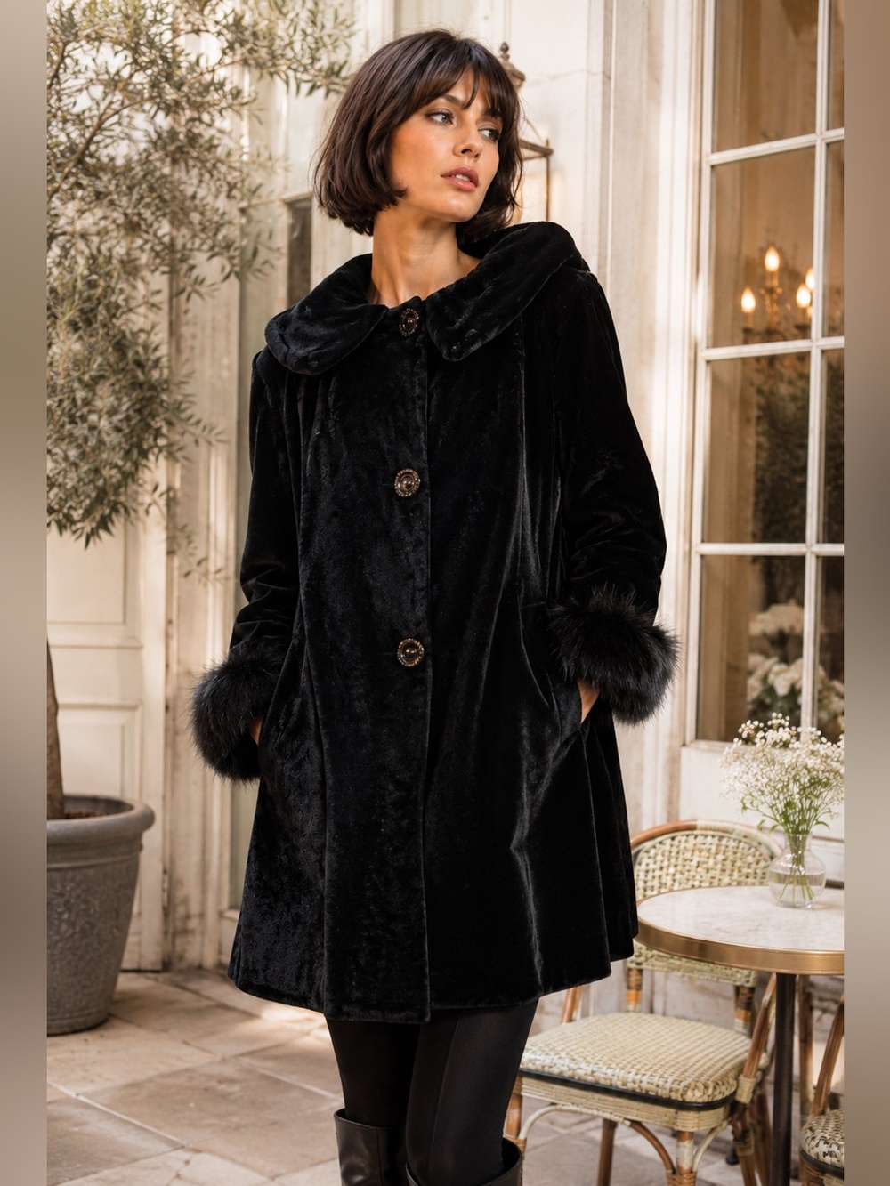 Retro velvet and fur trim swing coat